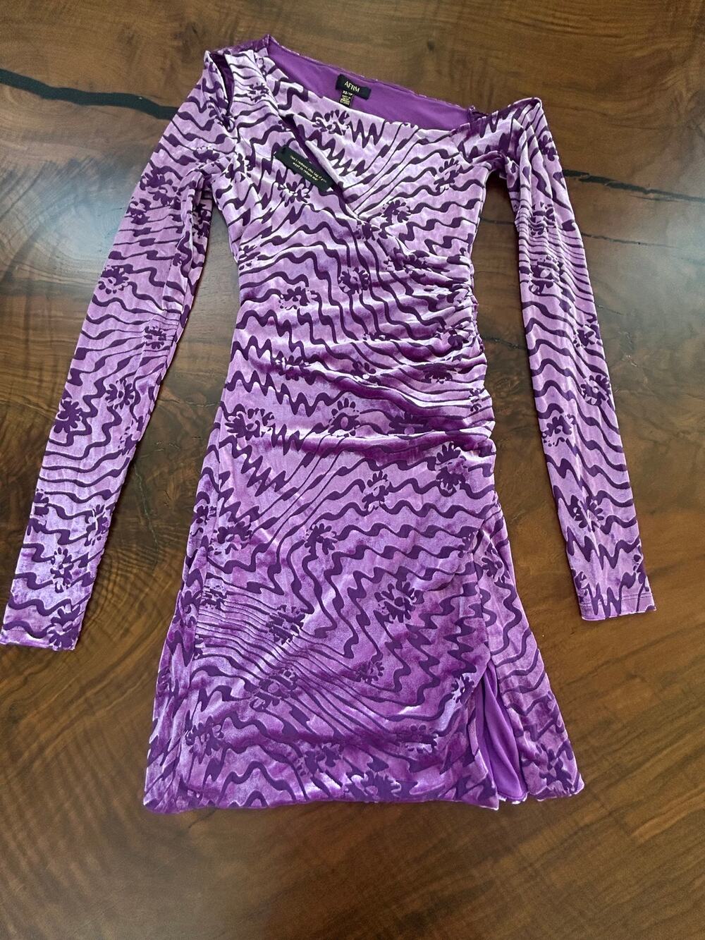 NWT AFRM Faye Violet Wave Velvet Cutout Asymmetric Ruched Bodycon Mini Dress XS